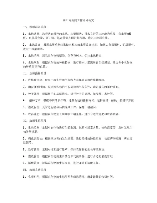 农田方面的工作计划范文