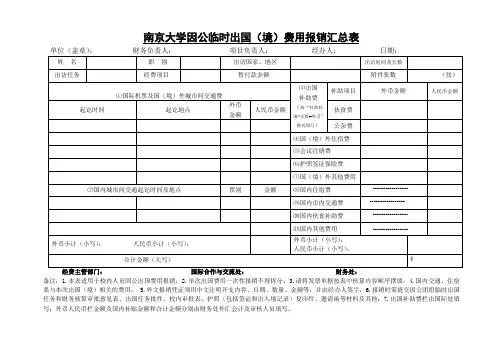 南京大学因公临时出国境费用报销汇总表