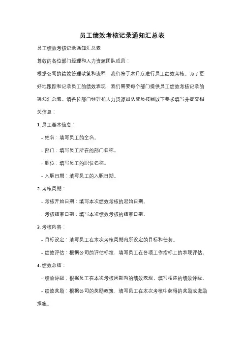 员工绩效考核记录通知汇总表