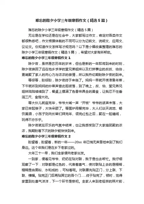 难忘的除夕小学三年级寒假作文（精选5篇）