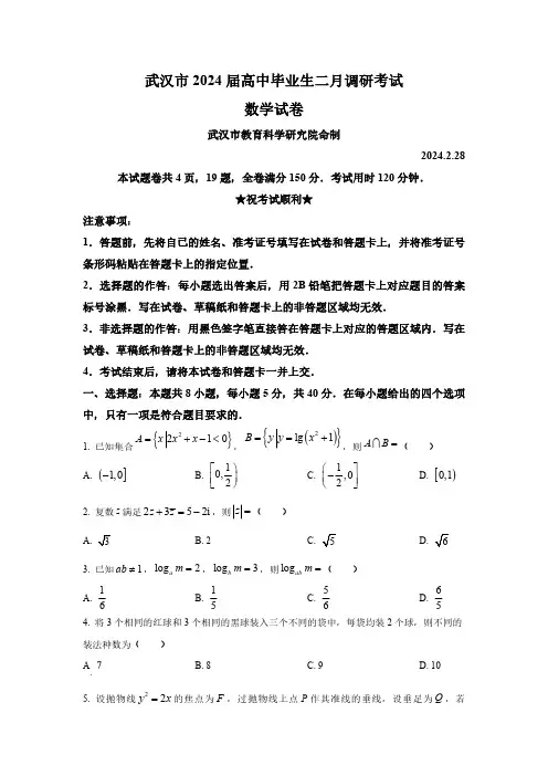 湖北省武汉市2024届高中毕业班二月调研考试数学试题含答案解析