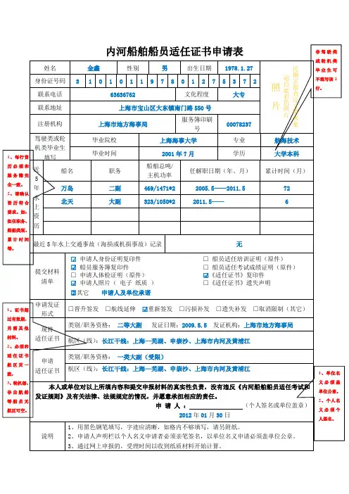 内河船舶船员适任证书申请表