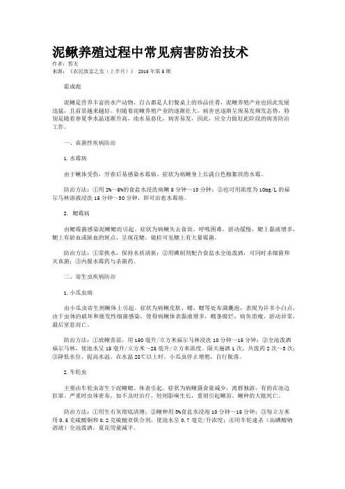 泥鳅养殖过程中常见病害防治技术