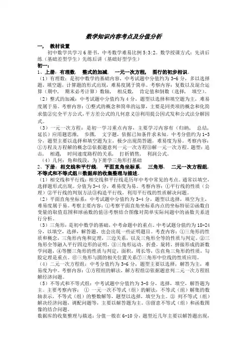 初中数学知识点考点归纳及分值分析