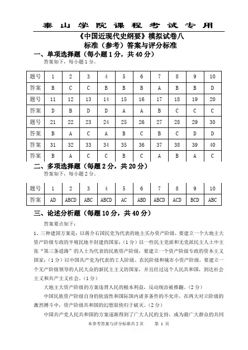 泰山学院近代史纲要模拟题答案8
