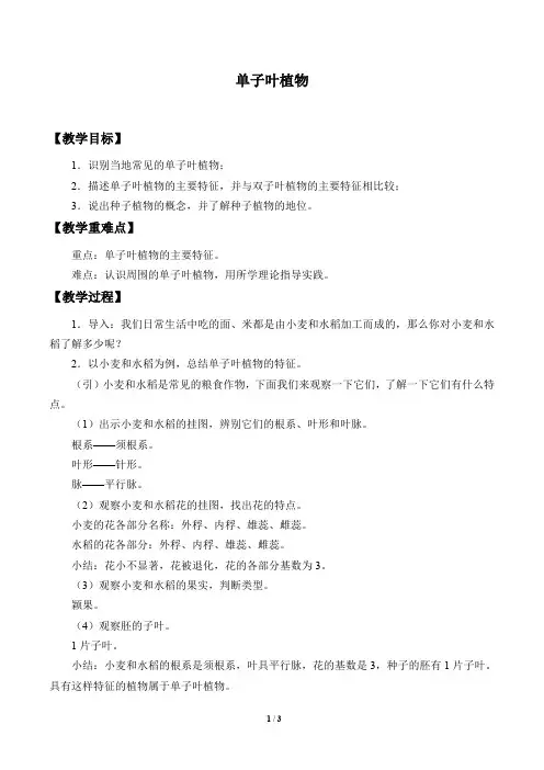 冀少版七年级生物上册：3.6.2 单子叶植物  教案1