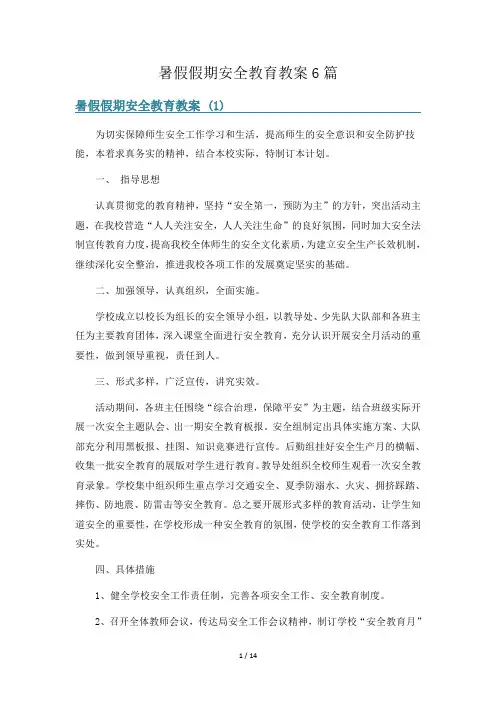 暑假假期安全教育教案6篇