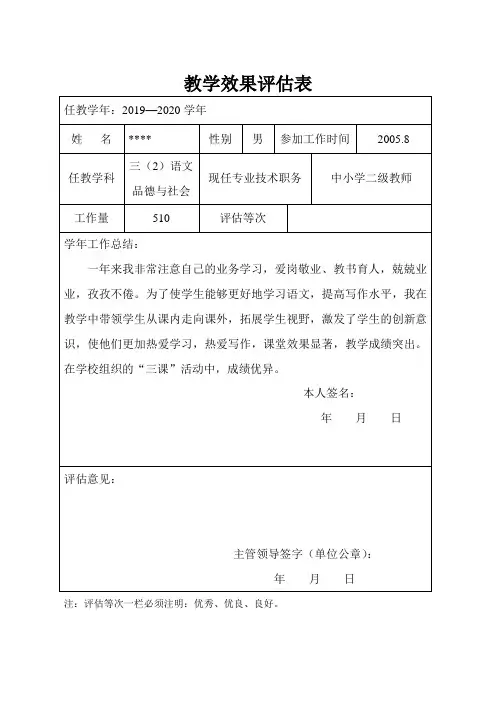 2019-2020年小学教师晋级教学效果评估表