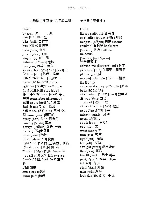 人教版小学英语六年级单词上册(带音标)