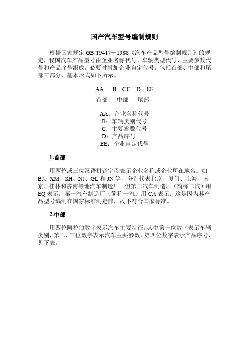 国产汽车型号编制规则