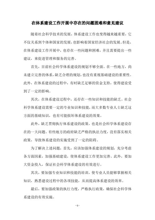 在体系建设工作开展中存在的问题困难和意见建议