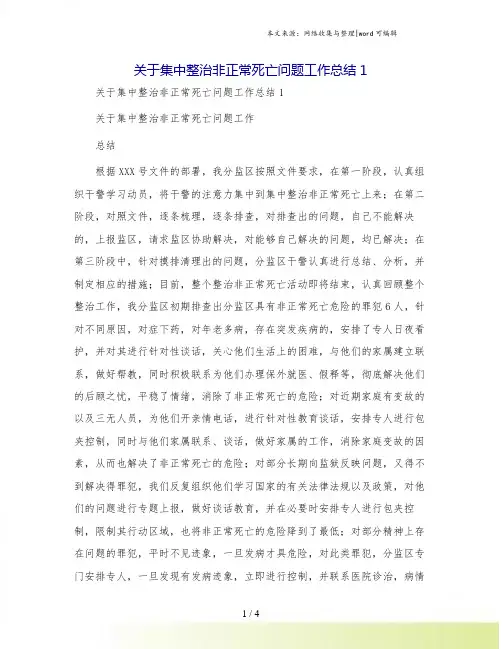 关于集中整治非正常死亡问题工作总结1