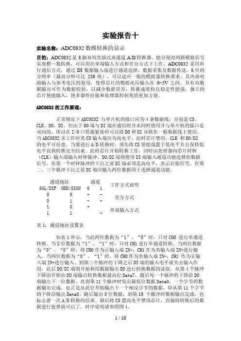 实验十 ADC0832数模转换的显示
