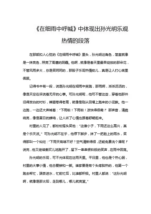 《在细雨中呼喊》中体现出孙光明乐观热情的段落