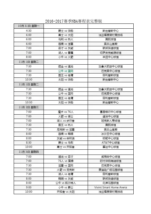 2016-2017赛季NBA赛程表完整版(可打印)