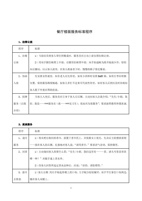 餐厅楼面服务标准程序
