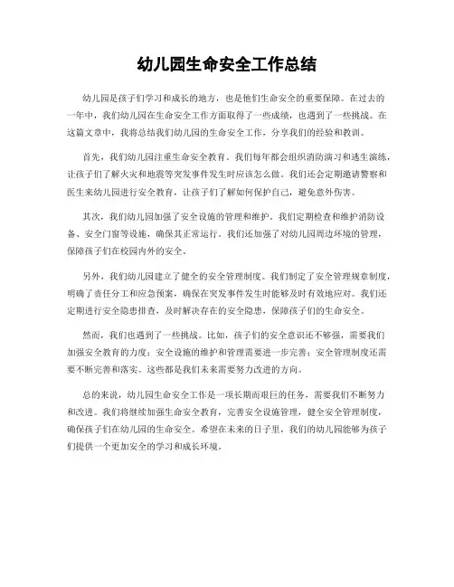 幼儿园生命安全工作总结
