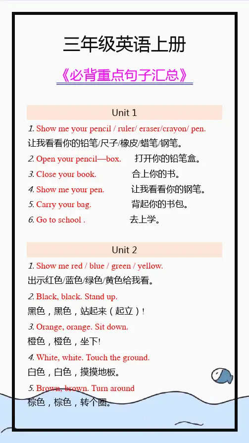 小学三年级英语上册必背重点句子汇总
