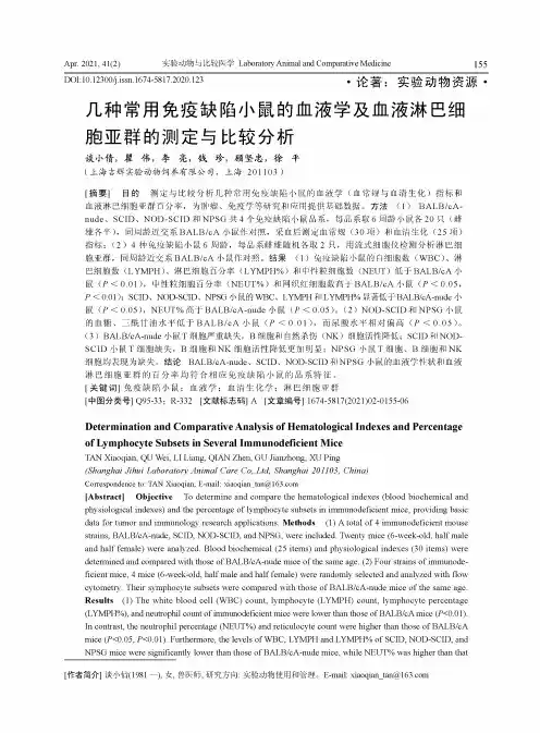 几种常用免疫缺陷小鼠的血液学及血液淋巴细胞亚群的测定与比较分析