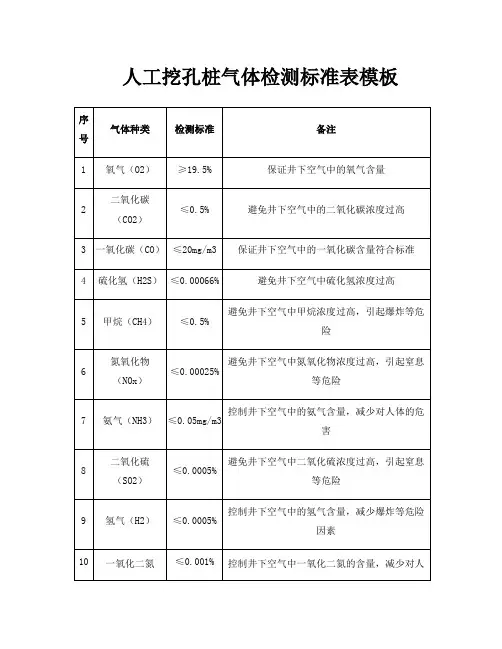 人工挖孔桩气体检测标准表模板