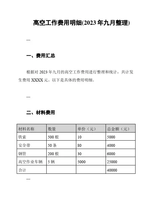 高空工作费用明细(2023年九月整理)