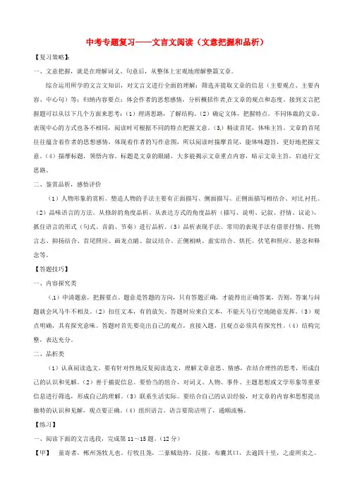山东省2019届中考语文专题复习：文言文阅读(文意把握和品析)学案