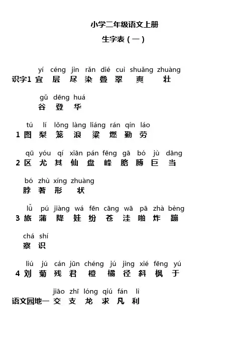 小学二年级语文上册生字表