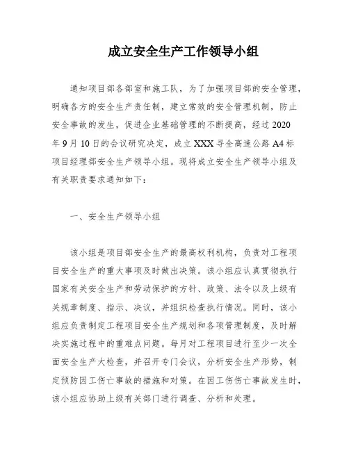 成立安全生产工作领导小组