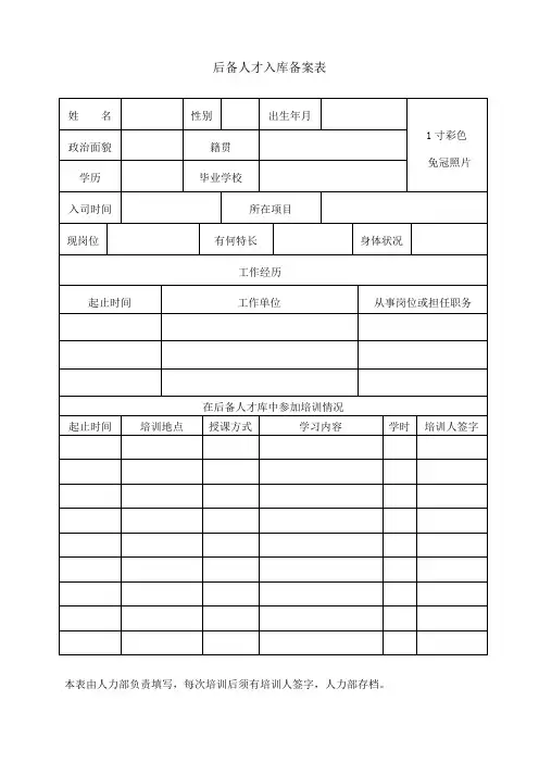 后备人才入库备案表及季度考评表