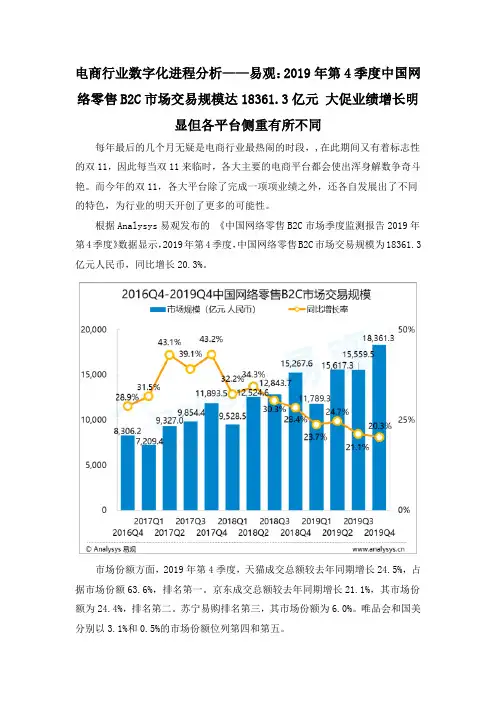 电商行业数字化进程分析——易观：2019年第4季度中国网络零售B2C市场交易规模达18361.3亿元