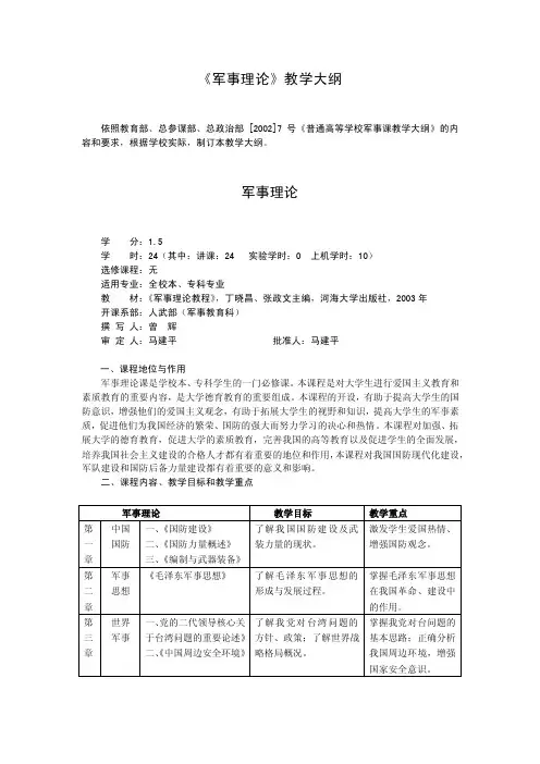《军事理论》教学大纲