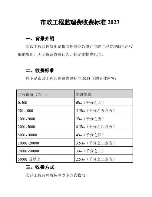 市政工程监理费收费标准2023