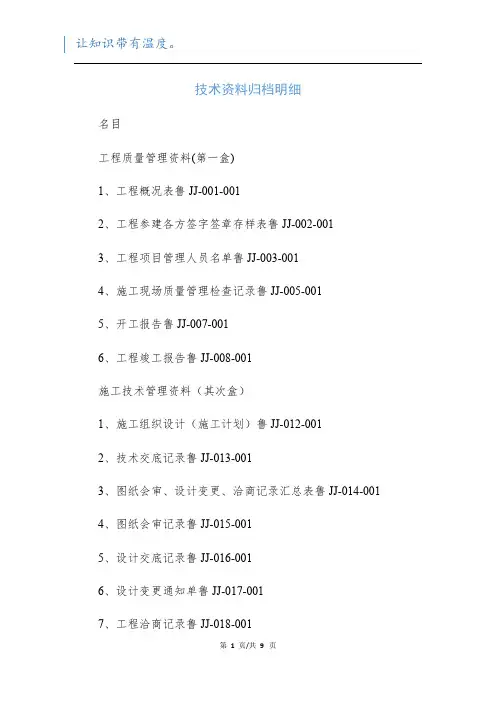 技术资料归档明细