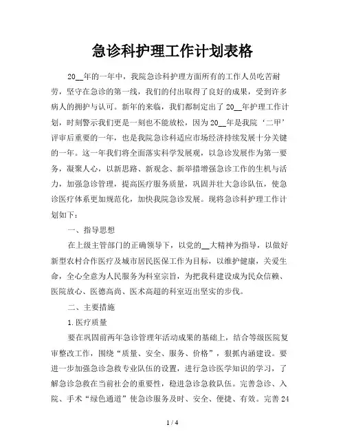 急诊科护理工作计划表格