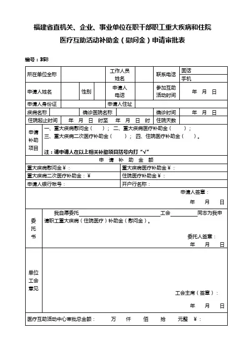 福建省直机关、企业、事业单位在职干部职工重大疾病和住院医疗互助活动补助金(慰问金)申请审批表【模板】