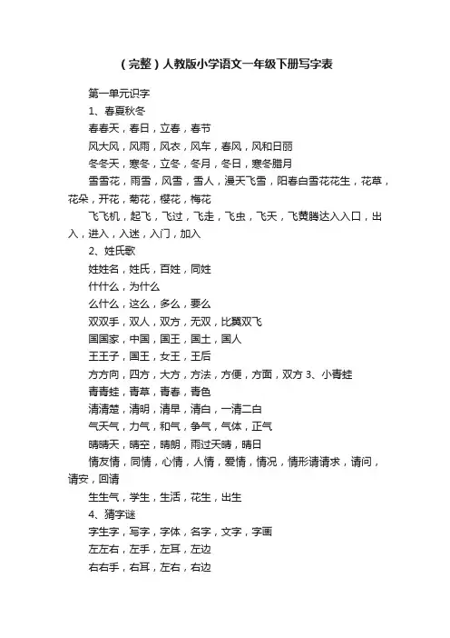（完整）人教版小学语文一年级下册写字表