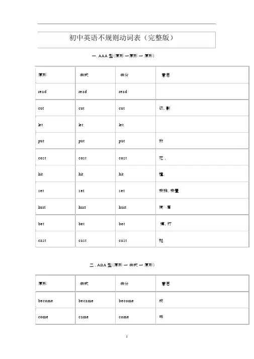 初中英语不规则动词表完整版.docx