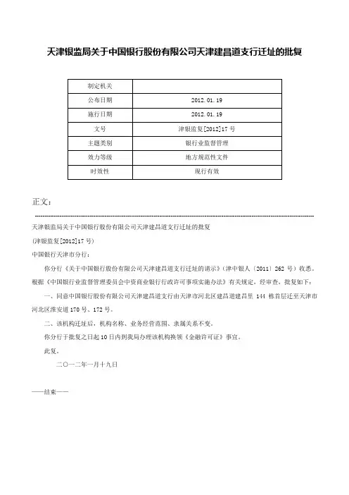 天津银监局关于中国银行股份有限公司天津建昌道支行迁址的批复-津银监复[2012]17号