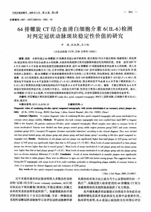 64排螺旋CT结合血清白细胞介素6(IL-6)检测对判定冠状动脉斑块稳定性价值的研究