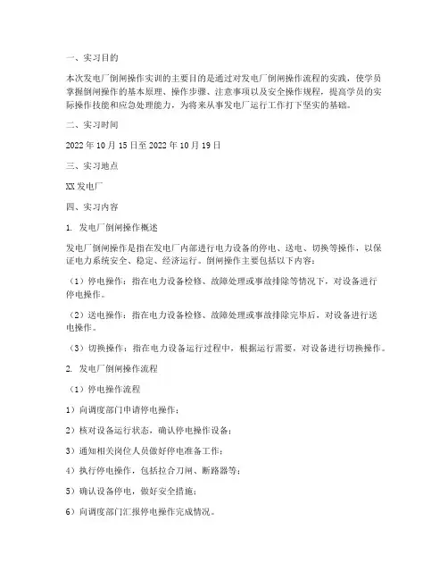发电厂倒闸操作实训报告