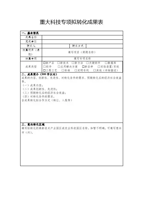 重大科技专项拟转化成果表
