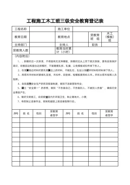 工程施工木工班三级安全教育登记表