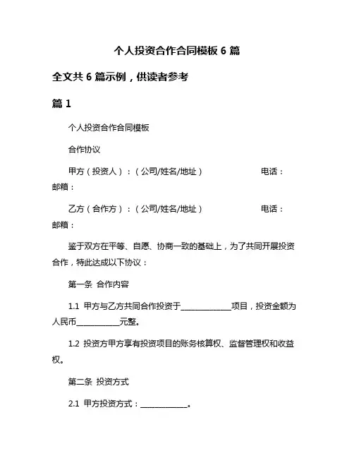 个人投资合作合同模板6篇