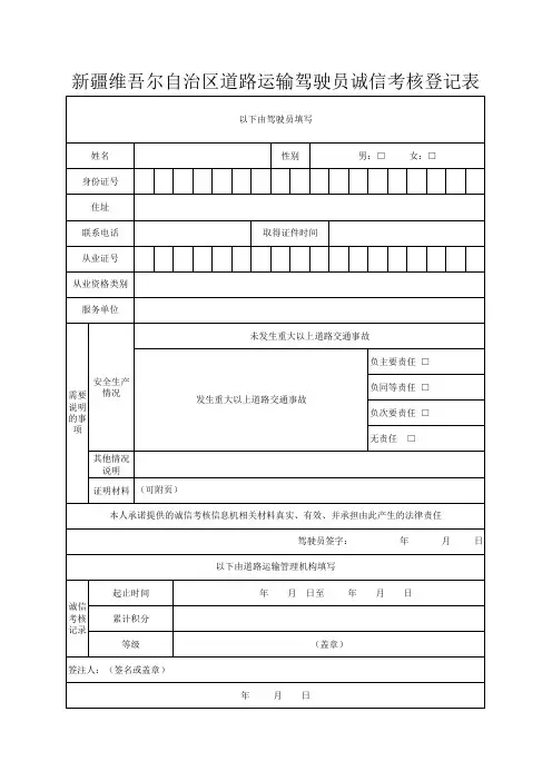 驾驶员考核登记表