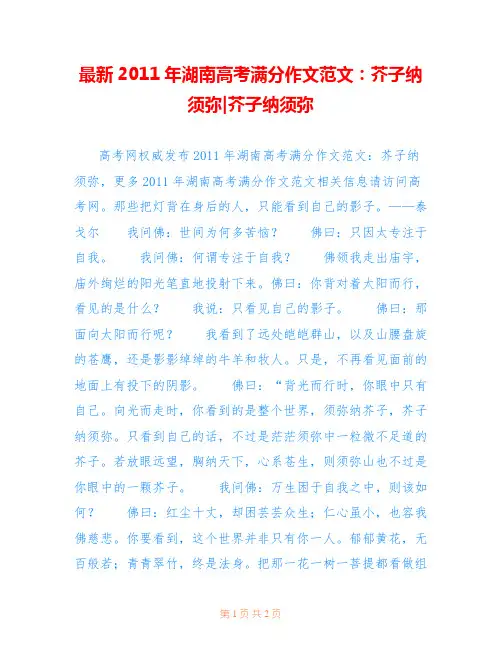 最新2011年湖南高考满分作文范文：芥子纳须弥-芥子纳须弥