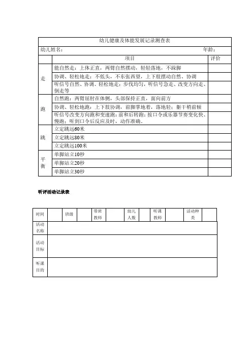 幼儿园常用实用表格：幼儿健康及体能发展记录测查表