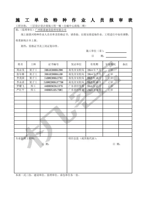 施工单位特种作业人员报审表