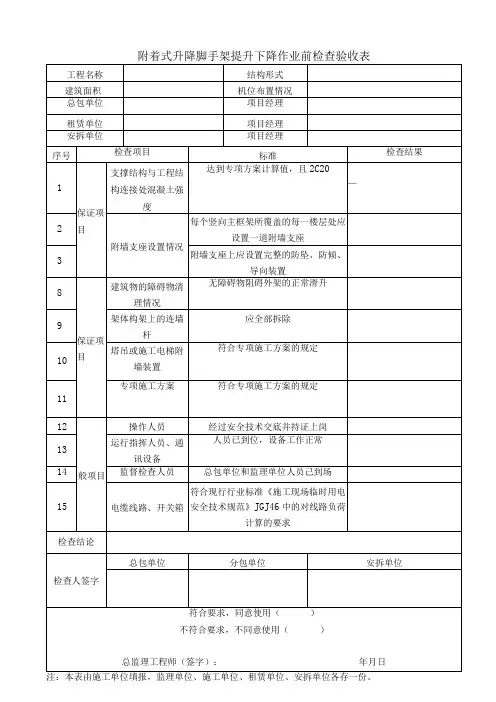 附着式升降脚手架提升下降作业前检查验收表