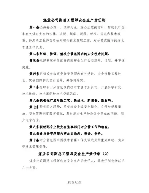 煤业公司副总工程师安全生产责任制（3篇）