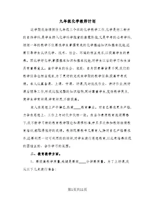 九年级化学教师计划（五篇）